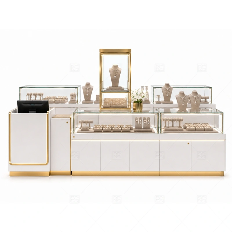 Custom Glass Jewelry Kiosk with Showcase layout showing showcase-led counter layout shown in the custom glass jewelry kiosk with showcase product photos, with gift-shopping traffic where quick browsing and secure staff access need to work together