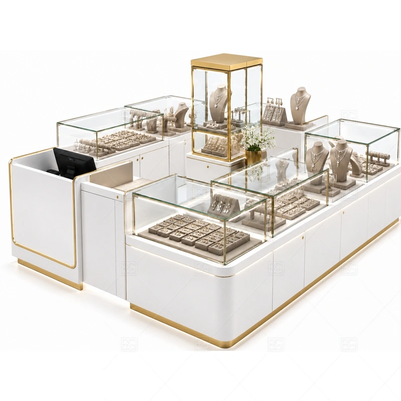 Custom Glass Jewelry Kiosk with Showcase glass display detail for large glass showcases for product visibility planned for rings, necklaces, watches, bracelets, gift sets, and small accessories in the custom glass jewelry kiosk with showcase layout
