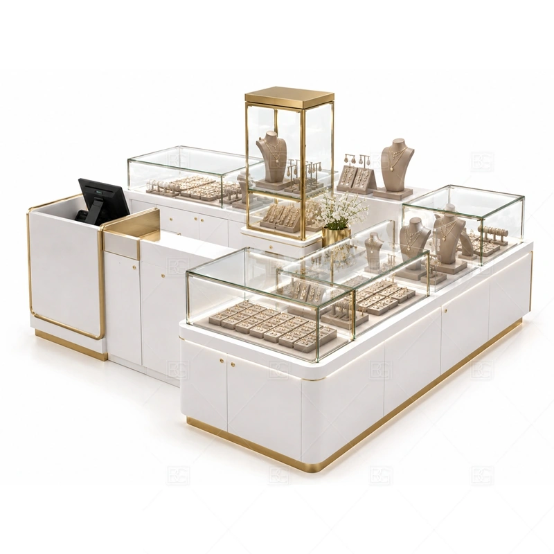 Custom Glass Jewelry Kiosk with Showcase lighting detail for LED strips, showcase spotlights, and warmer jewelry lighting adjusted around tempered glass, metal trim, and custom cabinet panels for the custom glass jewelry kiosk with showcase detail set