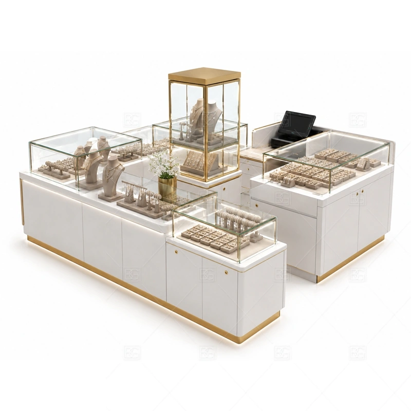 Custom Glass Jewelry Kiosk with Showcase brand signage detail for custom logo and light box areas coordinated with custom color and finish planning for a clear jewelry retail identity for the custom glass jewelry kiosk with showcase front presentation