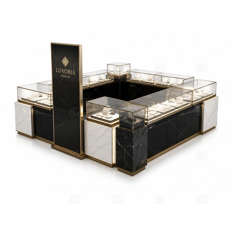 Custom Jewelry Kiosk layout showing flexible mall island or counter layout shown in the custom jewelry kiosk product photos, with premium retail traffic where lighting, glass clarity, and brand finish affect purchase confidence