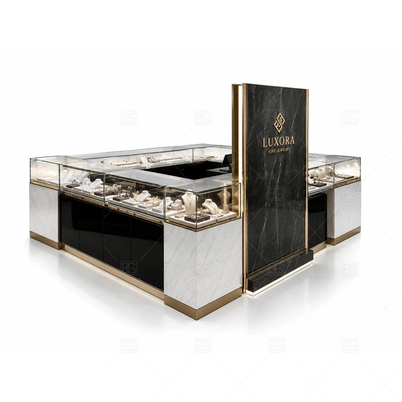 Custom Jewelry Kiosk lighting detail for LED strips, showcase spotlights, and warmer jewelry lighting adjusted around custom cabinet panels, tempered glass showcases, metal trims, and LED lighting for the custom jewelry kiosk detail set
