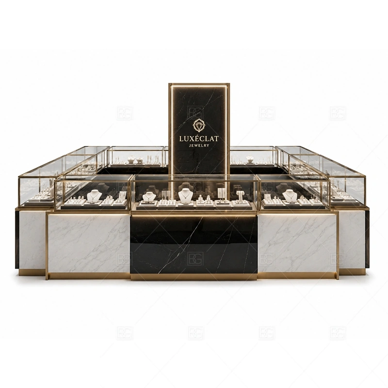 Custom Jewelry Kiosk storage and security detail for under-counter tray drawers, lockable stock cabinets, POS space, and packaging storage planned for custom jewelry kiosk