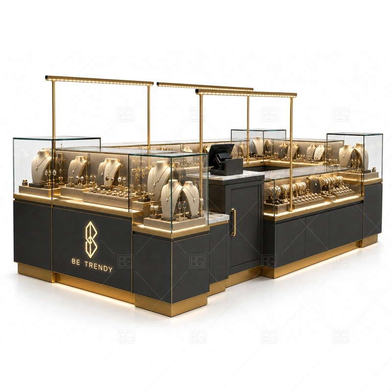 Custom Jewelry Kiosk for Shopping Malls layout showing shopping mall island booth layout shown in the custom jewelry kiosk for shopping malls product photos, with boutique mall traffic where shoppers need time to inspect small products closely