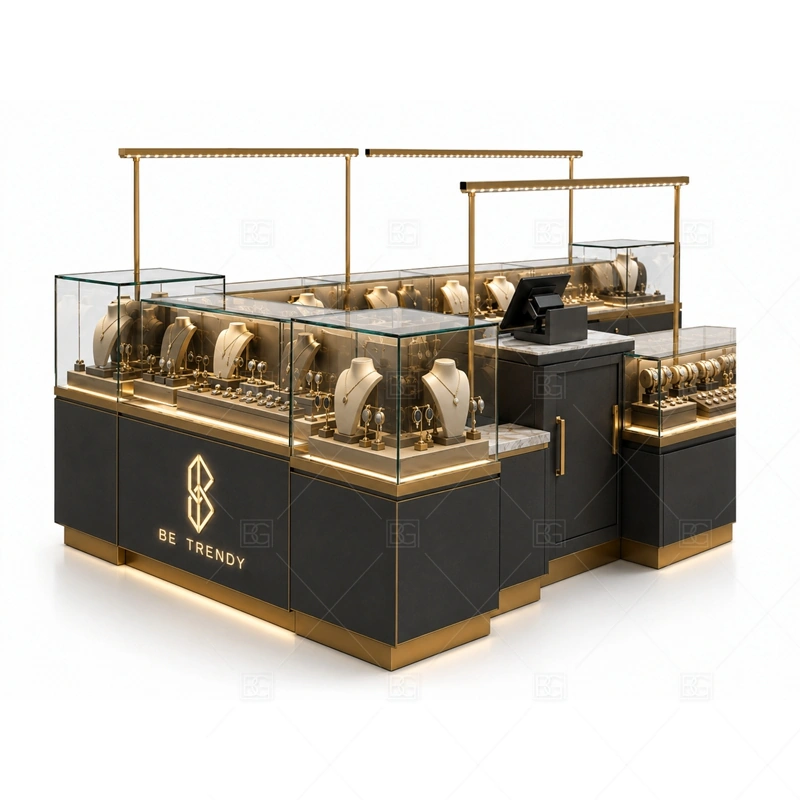Custom Jewelry Kiosk for Shopping Malls glass display detail for glass showcases arranged for multi-side customer browsing planned for rings, necklaces, watches, bracelets, gift sets, and small accessories in the custom jewelry kiosk for shopping malls layout