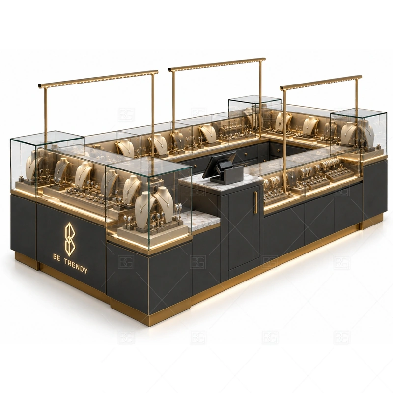 Custom Jewelry Kiosk for Shopping Malls lighting detail for LED strips, showcase spotlights, and warmer jewelry lighting adjusted around durable cabinet panels, tempered glass, metal trim, and shopping mall grade lighting for the custom jewelry kiosk for shopping malls detail set