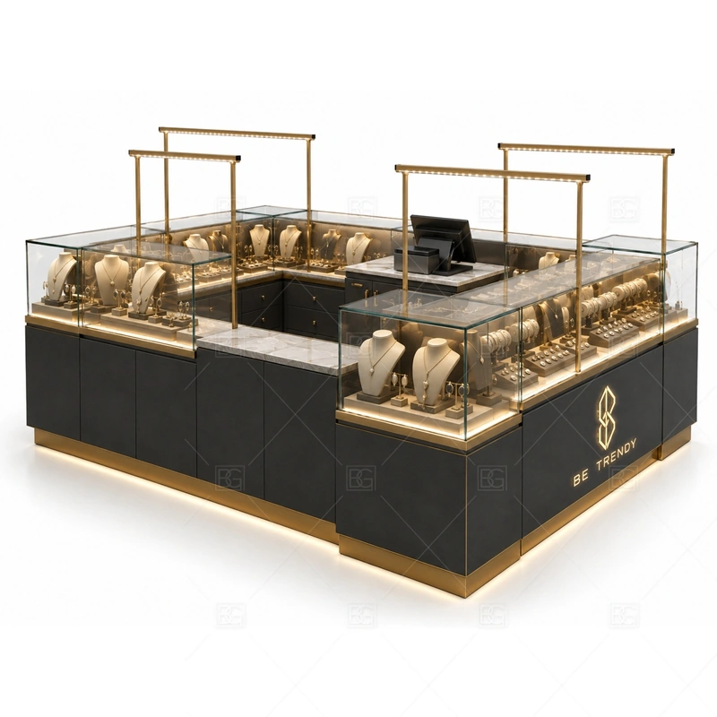 Custom Jewelry Kiosk for Shopping Malls brand signage detail for mall-facing logo sign and front brand presentation coordinated with custom color and finish planning for a clear jewelry retail identity for the custom jewelry kiosk for shopping malls front presentation