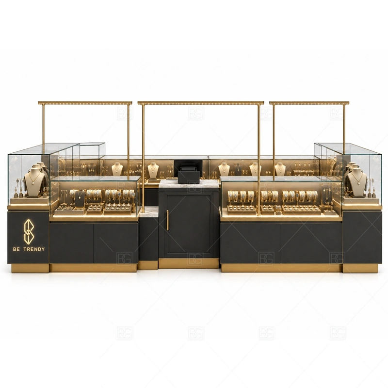 Custom Jewelry Kiosk for Shopping Malls storage and security detail for under-counter tray drawers, lockable stock cabinets, POS space, and packaging storage planned for custom jewelry kiosk for shopping malls