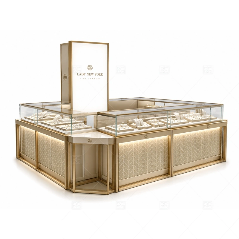 Custom Jewelry Kiosk Manufacturers glass display detail for secure glass display counters planned around jewelry merchandising planned for rings, necklaces, watches, bracelets, gift sets, and small accessories in the custom jewelry kiosk manufacturers layout