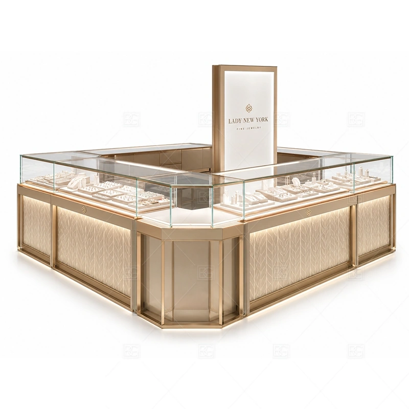 Custom Jewelry Kiosk Manufacturers lighting detail for LED strips, showcase spotlights, and warmer jewelry lighting adjusted around manufactured cabinet structure, glass showcases, metal trims, logo panels, and LED lighting for the custom jewelry kiosk manufacturers detail set