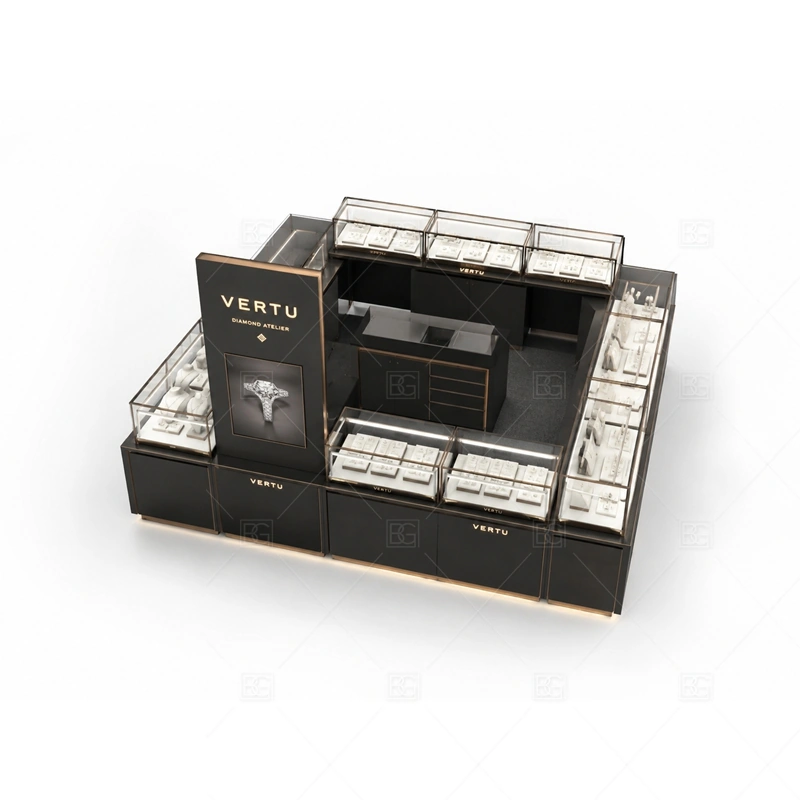 Custom Jewelry Kiosk with Glass Display Cases with custom color and finish planning for a clear jewelry retail identity shown in the custom jewelry kiosk with glass display cases product photos, with glass showcase planning for secure jewelry display and clear product viewing