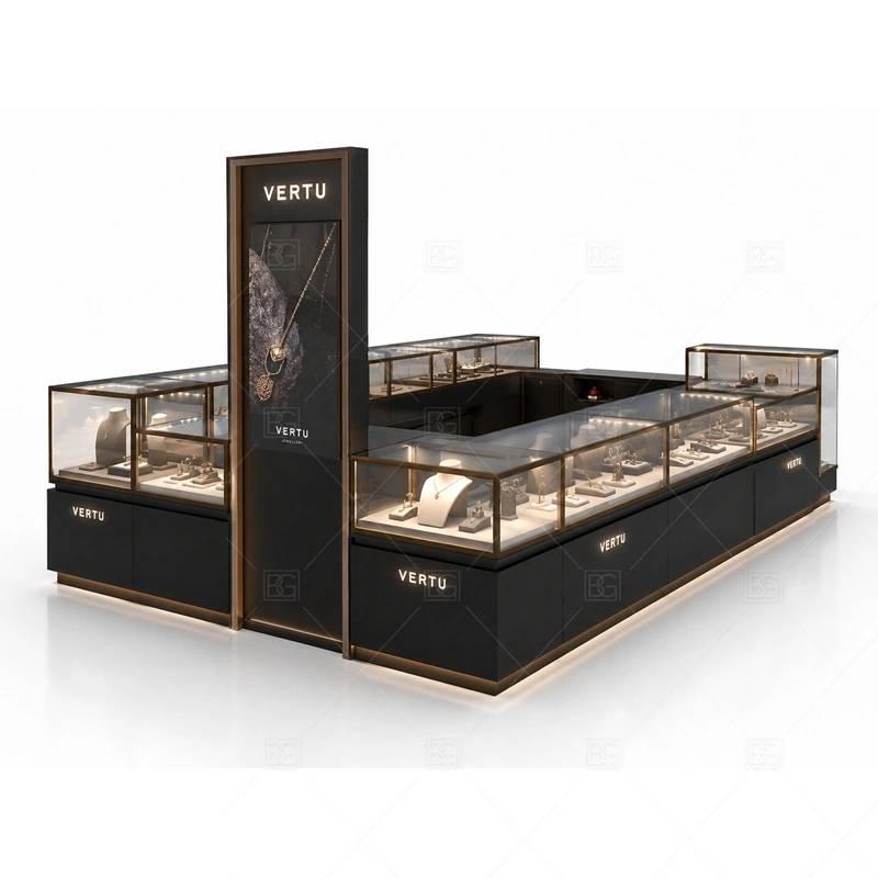 Custom Jewelry Kiosk with Glass Display Cases layout showing glass case focused island counter layout shown in the custom jewelry kiosk with glass display cases product photos, with corridor traffic where the front sign must be readable before shoppers pass the counter