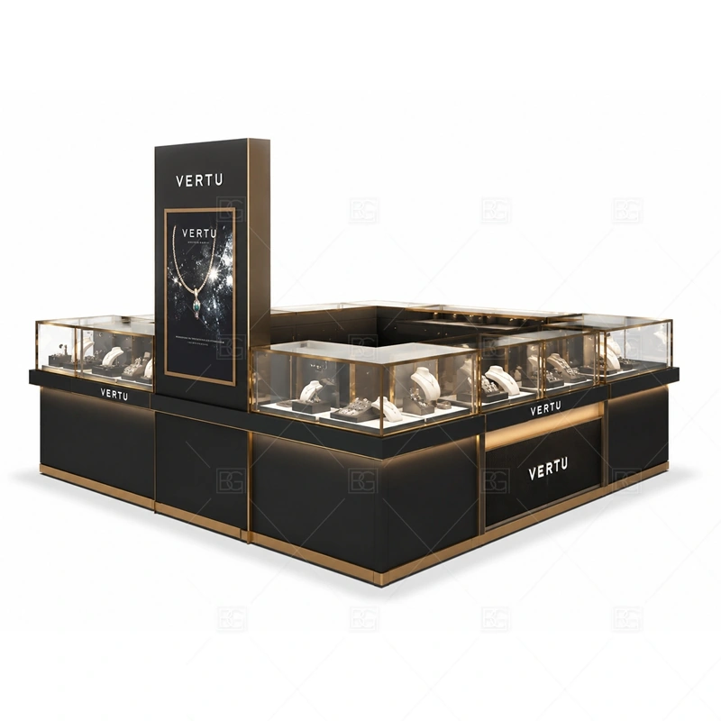 Custom Jewelry Kiosk with Glass Display Cases glass display detail for multiple glass display cases for rings, necklaces, watches, and accessories planned for rings, necklaces, watches, bracelets, gift sets, and small accessories in the custom jewelry kiosk with glass display cases layout