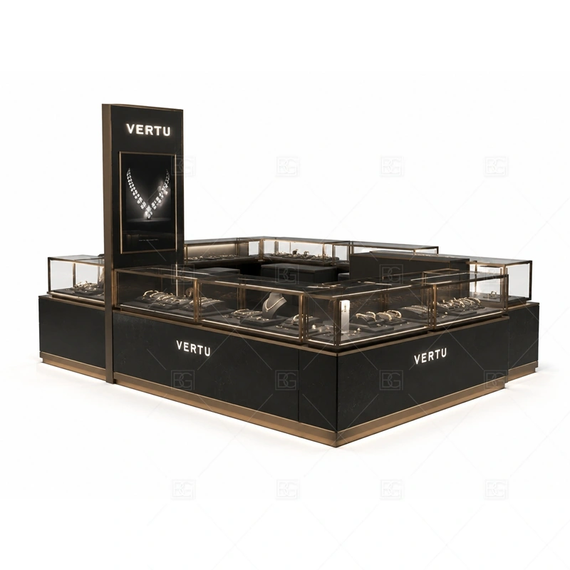 Custom Jewelry Kiosk with Glass Display Cases lighting detail for LED strips, showcase spotlights, and warmer jewelry lighting adjusted around tempered glass display cases, durable cabinet panels, metal trim, and LED showcase lighting for the custom jewelry kiosk with glass display cases detail set