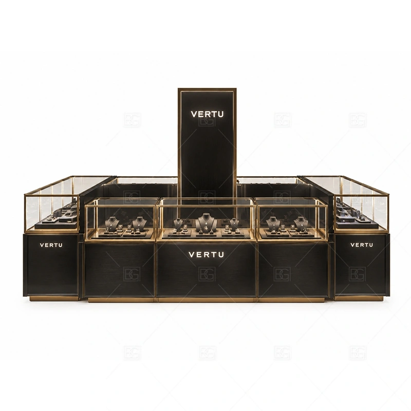 Custom Jewelry Kiosk with Glass Display Cases storage and security detail for under-counter tray drawers, lockable stock cabinets, POS space, and packaging storage planned for custom jewelry kiosk with glass display cases