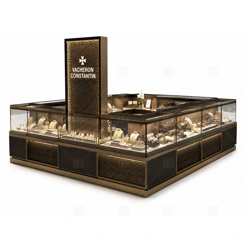 Custom Jewelry Kiosks for Retail layout showing retail jewelry kiosk layout for mall or shop spaces shown in the custom jewelry kiosks for retail product photos, with corridor traffic where the front sign must be readable before shoppers pass the counter