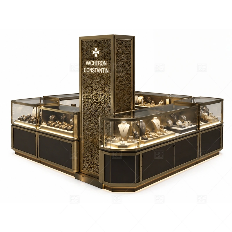Custom Jewelry Kiosks for Retail glass display detail for customer-facing glass counters for daily jewelry retail display planned for rings, necklaces, watches, bracelets, gift sets, and small accessories in the custom jewelry kiosks for retail layout