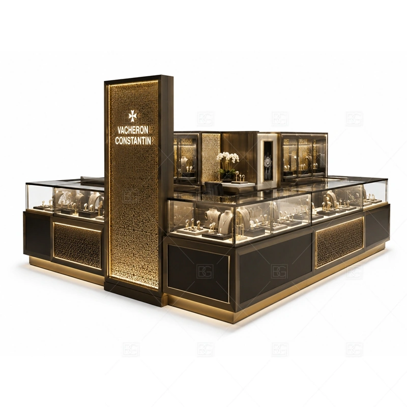Custom Jewelry Kiosks for Retail lighting detail for LED strips, showcase spotlights, and warmer jewelry lighting adjusted around retail cabinet panels, glass showcases, metal accents, and practical LED lighting for the custom jewelry kiosks for retail detail set
