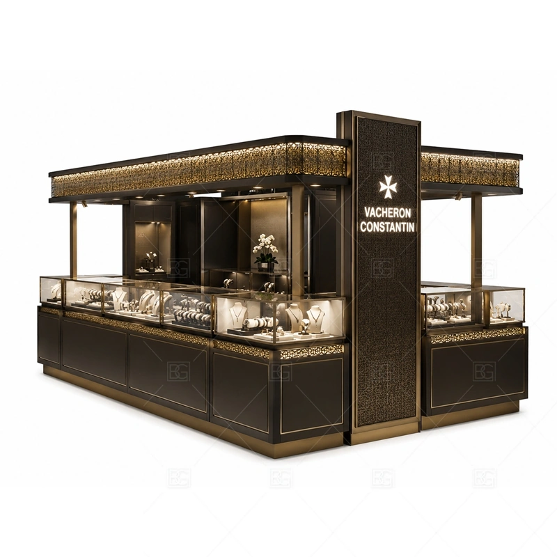 Custom Jewelry Kiosks for Retail brand signage detail for retail logo panel, front graphics, and optional illuminated sign coordinated with custom color and finish planning for a clear jewelry retail identity for the custom jewelry kiosks for retail front presentation