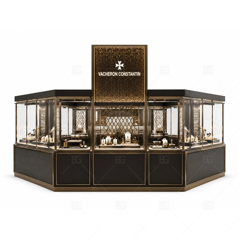 Custom Jewelry Kiosks for Retail storage and security detail for under-counter tray drawers, lockable stock cabinets, POS space, and packaging storage planned for custom jewelry kiosks for retail