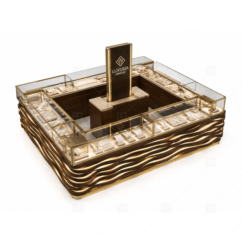 Custom Luxury Wave Jewelry Kiosk with custom color and finish planning for a clear jewelry retail identity shown in the custom luxury wave jewelry kiosk product photos, with balanced glass counter planning for jewelry, watch, and accessory display