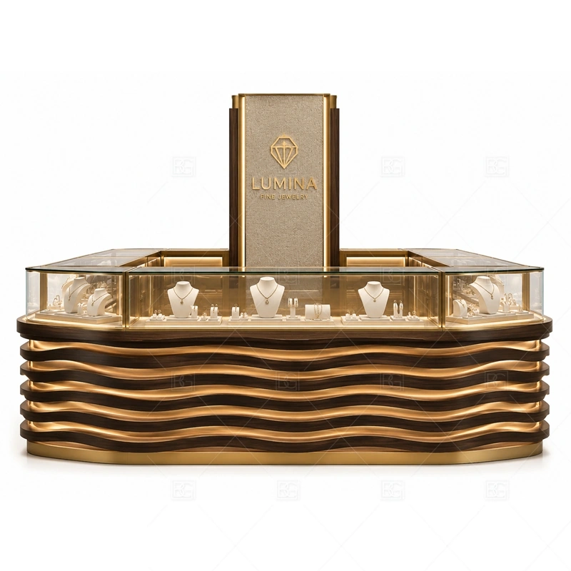 Custom Luxury Wave Jewelry Kiosk layout showing wave-inspired island layout shown in the custom luxury wave jewelry kiosk product photos, with center-court traffic with customers approaching from several sides