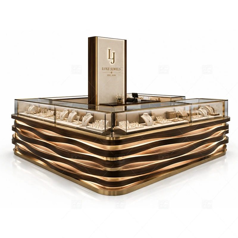 Custom Luxury Wave Jewelry Kiosk glass display detail for curved display counters with flowing customer-facing lines planned for rings, necklaces, watches, bracelets, gift sets, and small accessories in the custom luxury wave jewelry kiosk layout