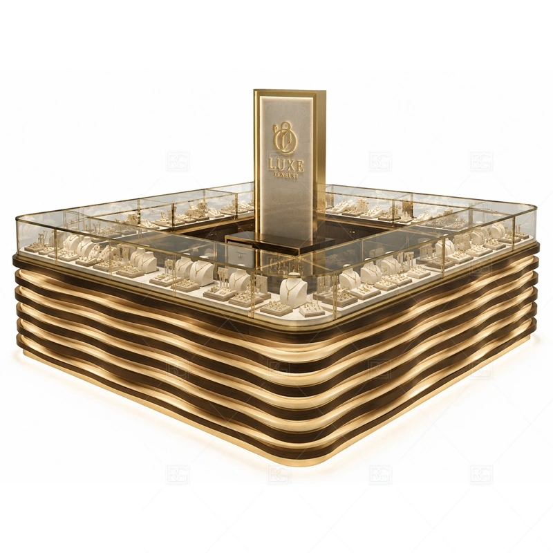 Custom Luxury Wave Jewelry Kiosk lighting detail for LED strips, showcase spotlights, and warmer jewelry lighting adjusted around curved cabinet panels, metal trim, and glass counter sections for the custom luxury wave jewelry kiosk detail set
