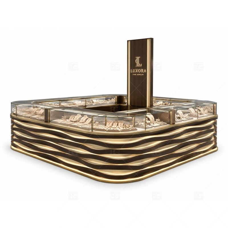 Custom Luxury Wave Jewelry Kiosk brand signage detail for custom logo areas following the wave layout coordinated with custom color and finish planning for a clear jewelry retail identity for the custom luxury wave jewelry kiosk front presentation