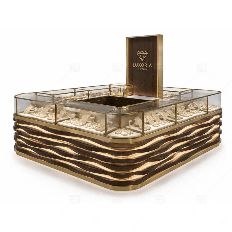 Custom Luxury Wave Jewelry Kiosk storage and security detail for under-counter tray drawers, lockable stock cabinets, POS space, and packaging storage planned for custom luxury wave jewelry kiosk
