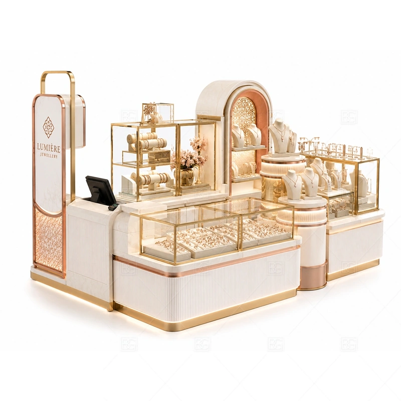 Custom Pink Jewelry Kiosk for Retail with pink surfaces for fashion jewelry, gifting, and softer customer appeal shown in the custom pink jewelry kiosk for retail product photos, with balanced glass counter planning for jewelry, watch, and accessory display
