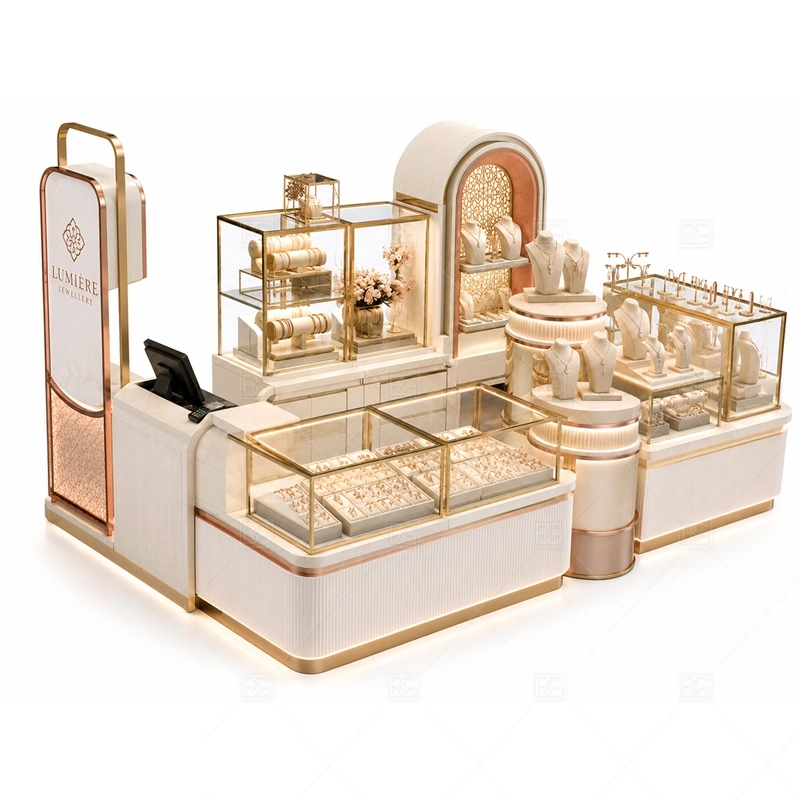 Custom Pink Jewelry Kiosk for Retail layout showing compact retail island layout shown in the custom pink jewelry kiosk for retail product photos, with boutique mall traffic where shoppers need time to inspect small products closely
