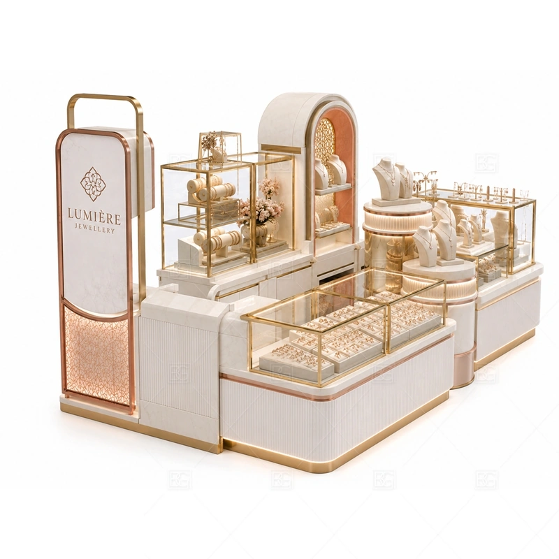 Custom Pink Jewelry Kiosk for Retail glass display detail for glass showcases for small jewelry and accessories planned for rings, necklaces, watches, bracelets, gift sets, and small accessories in the custom pink jewelry kiosk for retail layout
