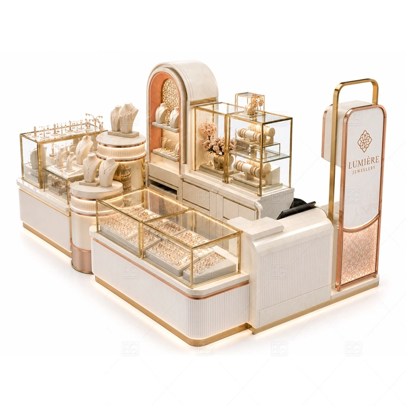Custom Pink Jewelry Kiosk for Retail lighting detail for LED strips, showcase spotlights, and warmer jewelry lighting adjusted around pink painted or laminate panels with metal accents for the custom pink jewelry kiosk for retail detail set
