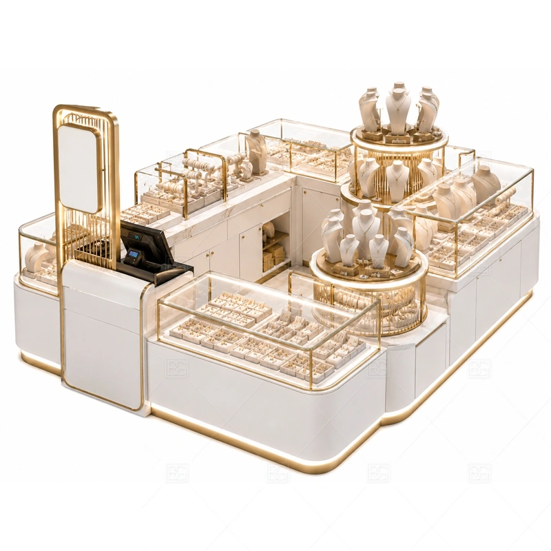 Custom White Jewelry Kiosk with Round Display with white cabinet panels for a clean bright jewelry display shown in the custom white jewelry kiosk with round display product photos, with rounded counter flow that softens customer movement around the showcases