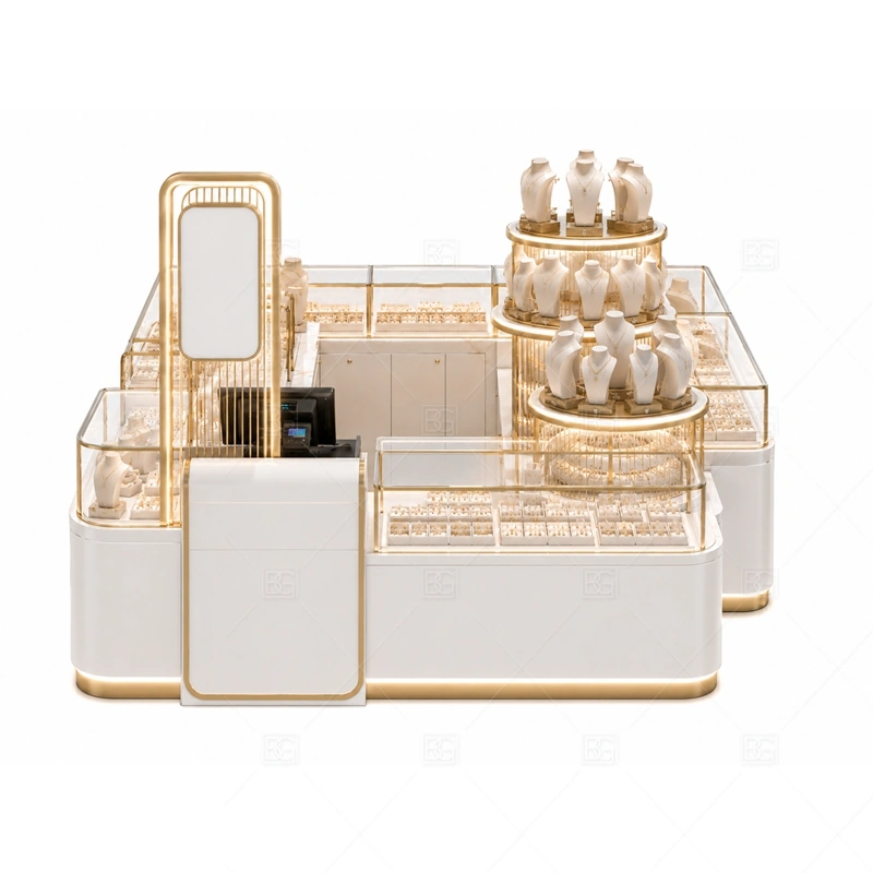 Custom White Jewelry Kiosk with Round Display layout showing round display counter layout shown in the custom white jewelry kiosk with round display product photos, with center-court traffic with customers approaching from several sides