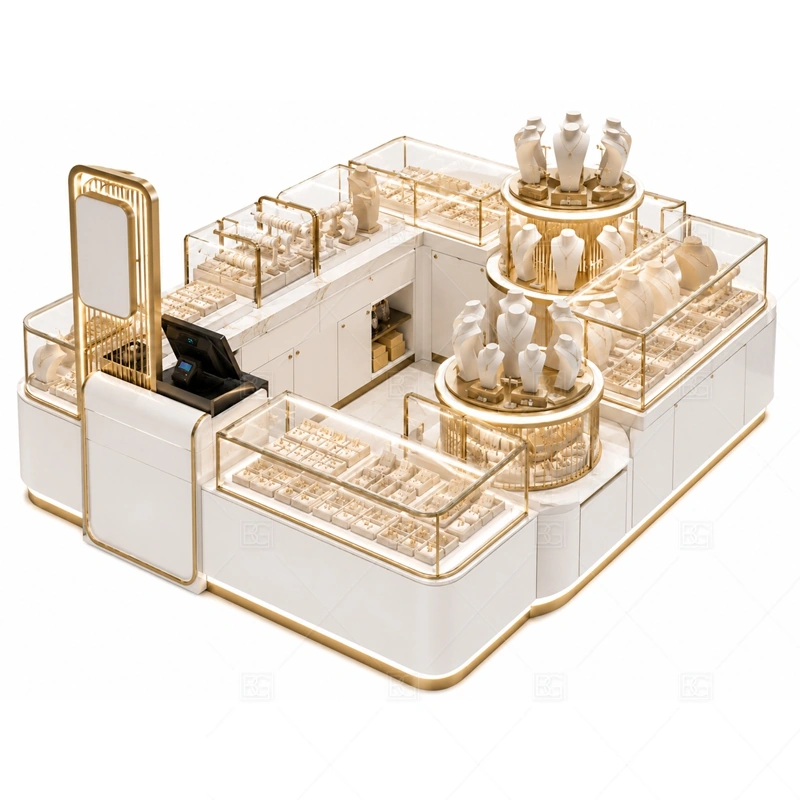 Custom White Jewelry Kiosk with Round Display glass display detail for round or curved glass display areas planned for rings, necklaces, watches, bracelets, gift sets, and small accessories in the custom white jewelry kiosk with round display layout