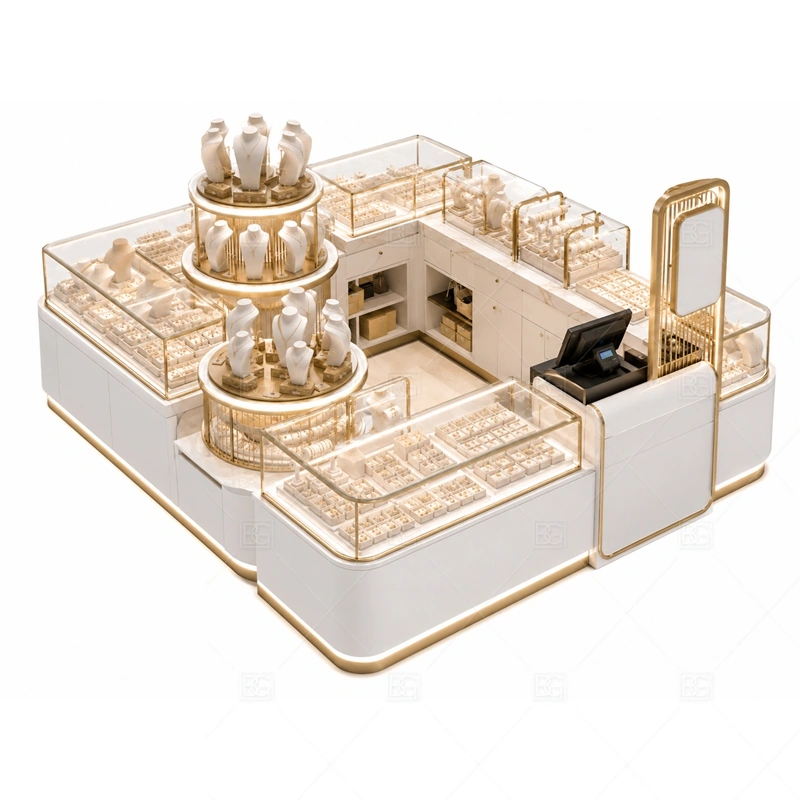 Custom White Jewelry Kiosk with Round Display lighting detail for LED strips, showcase spotlights, and warmer jewelry lighting adjusted around white cabinet panels, glass counters, and metal fittings for the custom white jewelry kiosk with round display detail set