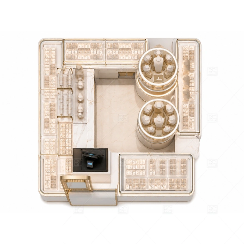 Custom White Jewelry Kiosk with Round Display storage and security detail for under-counter tray drawers, lockable stock cabinets, POS space, and packaging storage planned for custom white jewelry kiosk with round display