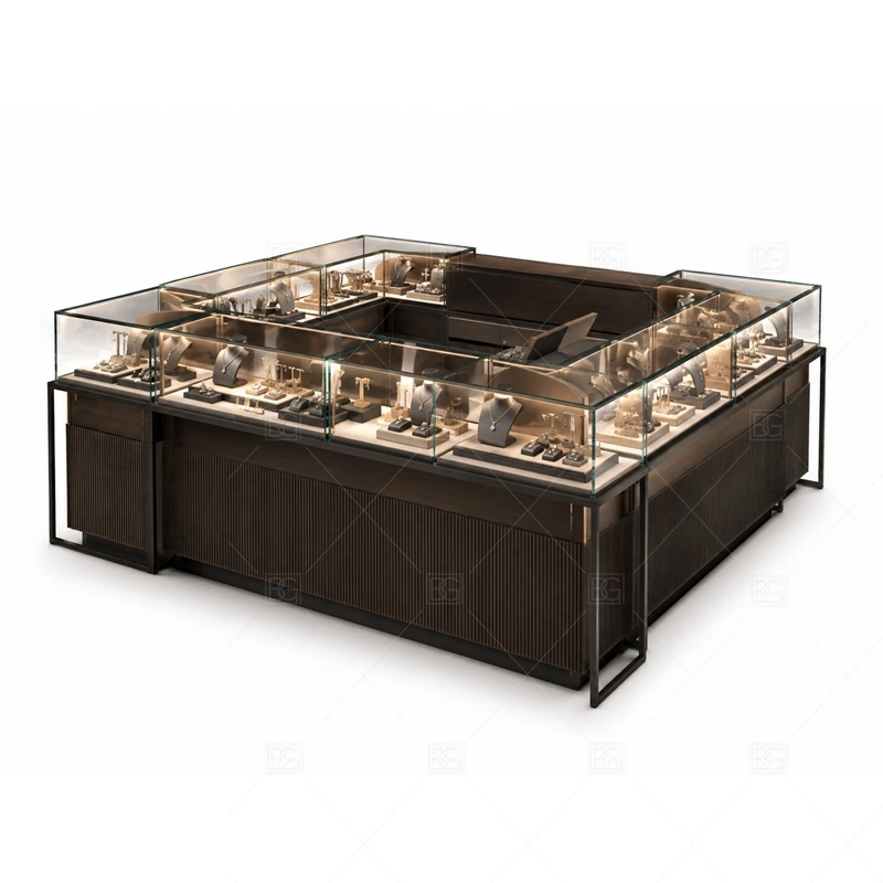 Dark Brown Jewelry Kiosk with Glass Showcase with brown and white finish for a warmer boutique counter style shown in the dark brown jewelry kiosk with glass showcase product photos, with glass showcase planning for secure jewelry display and clear product viewing