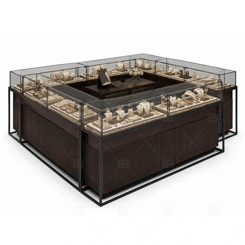 Dark Brown Jewelry Kiosk with Glass Showcase layout showing warm rectangular island layout shown in the dark brown jewelry kiosk with glass showcase product photos, with premium retail traffic where lighting, glass clarity, and brand finish affect purchase confidence
