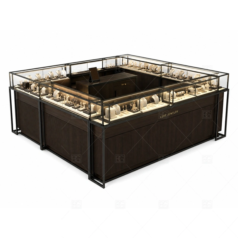 Dark Brown Jewelry Kiosk with Glass Showcase lighting detail for LED strips, showcase spotlights, and warmer jewelry lighting adjusted around dark wood veneer, tempered glass, and metal trim for the dark brown jewelry kiosk with glass showcase detail set