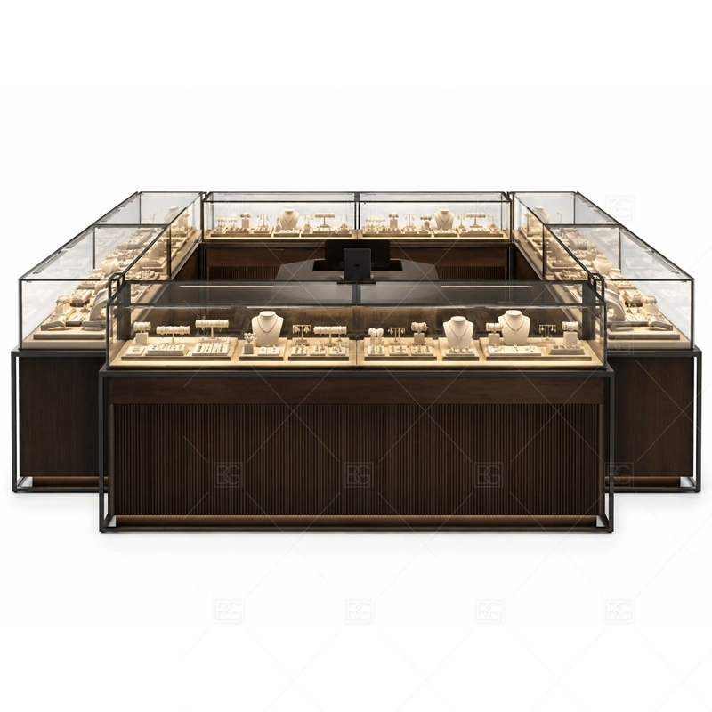 Dark Brown Jewelry Kiosk with Glass Showcase brand signage detail for front logo panel and optional illuminated brand sign coordinated with brown and white finish for a warmer boutique counter style for the dark brown jewelry kiosk with glass showcase front presentation