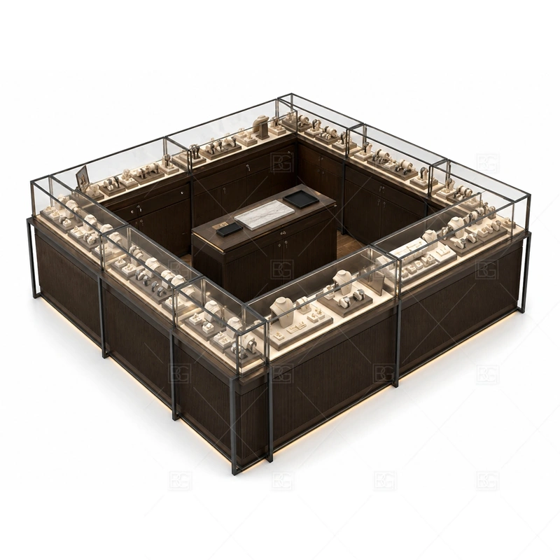 Dark Brown Jewelry Kiosk with Glass Showcase storage and security detail for under-counter tray drawers, lockable stock cabinets, POS space, and packaging storage planned for dark brown jewelry kiosk with glass showcase