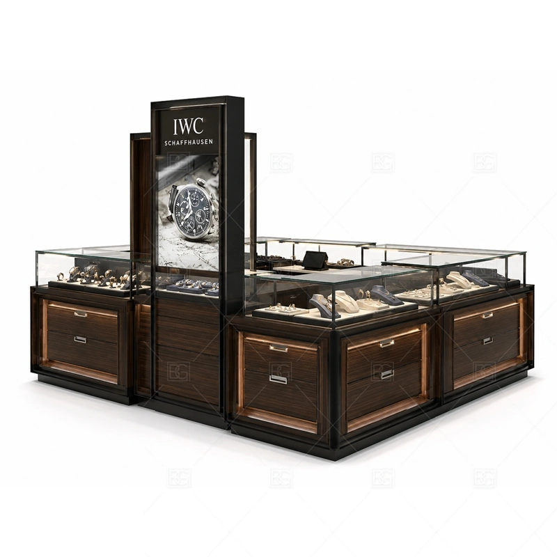 Dark Luxury Jewelry Kiosk with Watch Displays with custom color and finish planning for a clear jewelry retail identity shown in the dark luxury jewelry kiosk with watch displays product photos, with watch and jewelry display zoning for higher-value small accessories