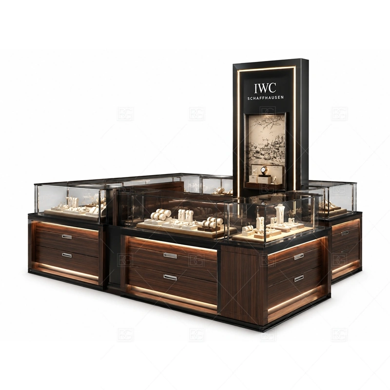 Dark Luxury Jewelry Kiosk with Watch Displays layout showing watch-focused display counter layout shown in the dark luxury jewelry kiosk with watch displays product photos, with gift-shopping traffic where quick browsing and secure staff access need to work together