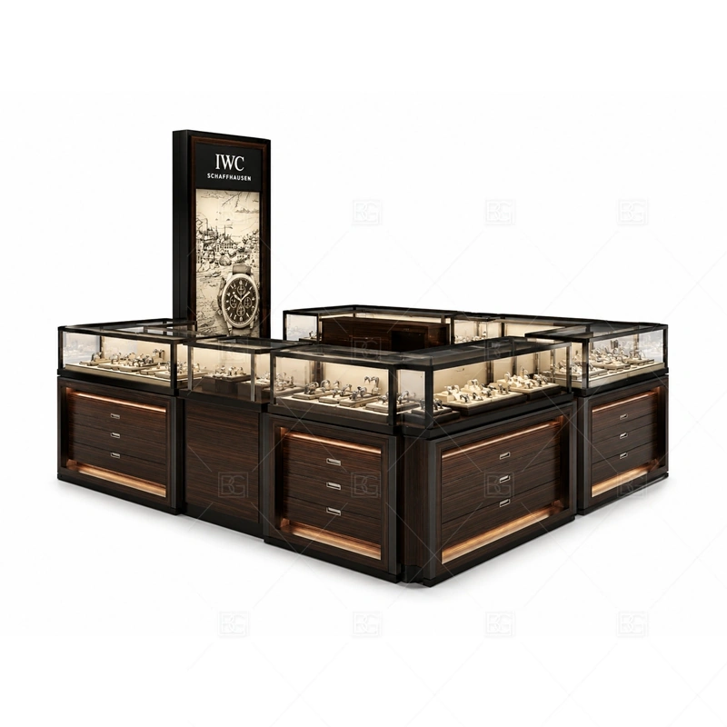 Dark Luxury Jewelry Kiosk with Watch Displays glass display detail for glass watch display cases with organized tray zones planned for rings, necklaces, watches, bracelets, gift sets, and small accessories in the dark luxury jewelry kiosk with watch displays layout