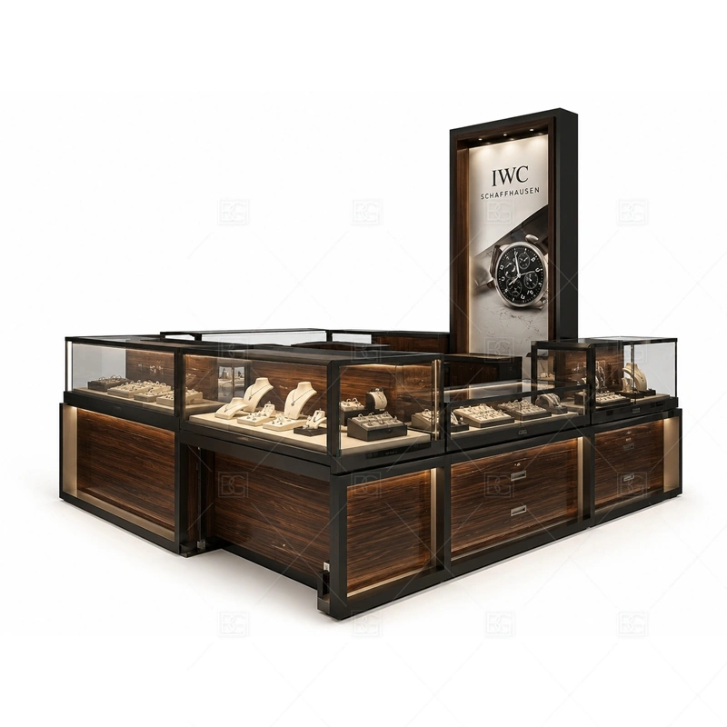 Dark Luxury Jewelry Kiosk with Watch Displays lighting detail for LED strips, showcase spotlights, and warmer jewelry lighting adjusted around dark cabinet finish, premium metal accents, and secure glass for the dark luxury jewelry kiosk with watch displays detail set