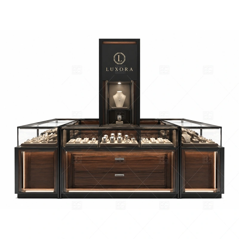 Dark Luxury Jewelry Kiosk with Watch Displays brand signage detail for premium logo sign and controlled lighting accents coordinated with custom color and finish planning for a clear jewelry retail identity for the dark luxury jewelry kiosk with watch displays front presentation