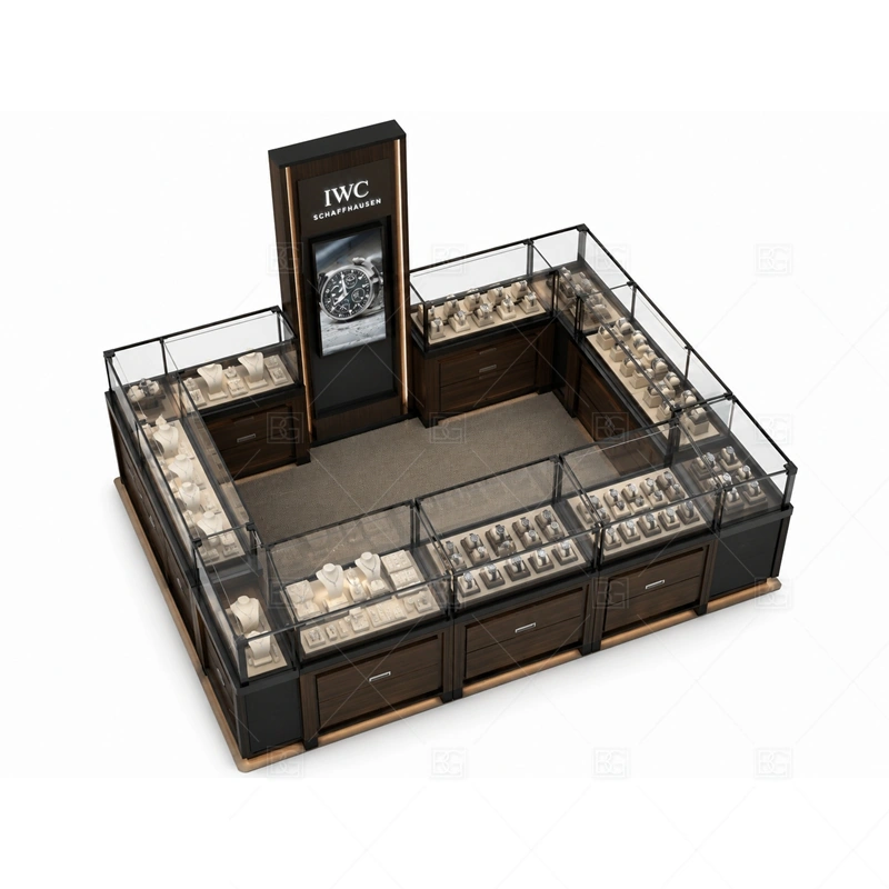 Dark Luxury Jewelry Kiosk with Watch Displays storage and security detail for under-counter tray drawers, lockable stock cabinets, POS space, and packaging storage planned for dark luxury jewelry kiosk with watch displays